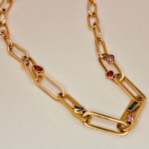 Free People Elegant Gold Paper Clip Chain Necklace with Multicolor Gemstones